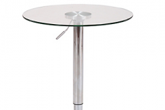arriendo de mobiliario mesa alta ajustable cubierta vidrio templado para ferias eventos etc.