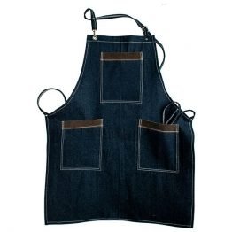 pechera de mezclilla azul de tres bolsillos con aplicaciones de cuero
