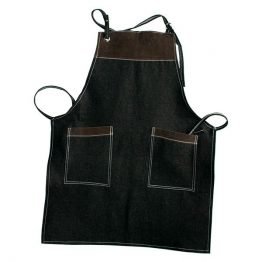 pechera de mezclilla negra con 2 bolsillos y aplicaciones de cuero en pecho