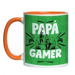 tazón estampado de ceramica con diseño papá gamer 2, diseño fondo verde con ilustración de papá e hijo jugando video juegos. interior y aza de color naranjo