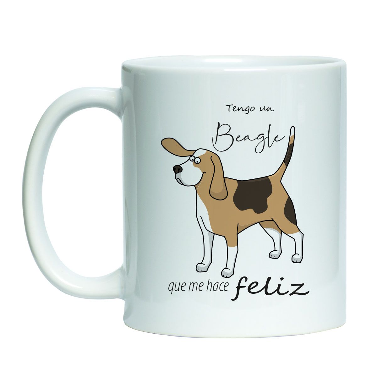 Tazón estampado blanco con diseño de mascota perro beagle con manchas cafes y blanco y texto me hace feliz