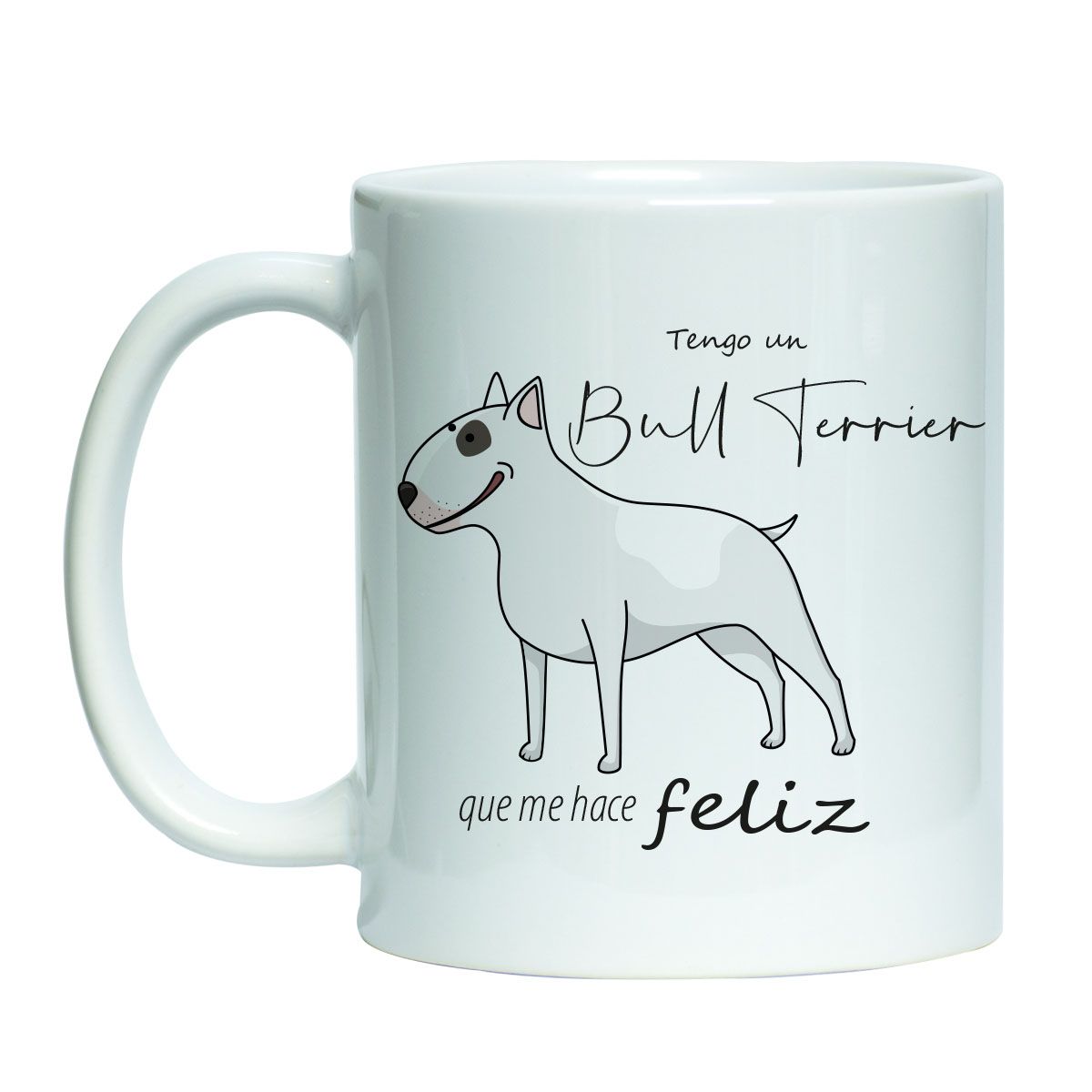 Tazón estampado blanco con diseño de mascota perro bull terrier blanco y texto me hace feliz