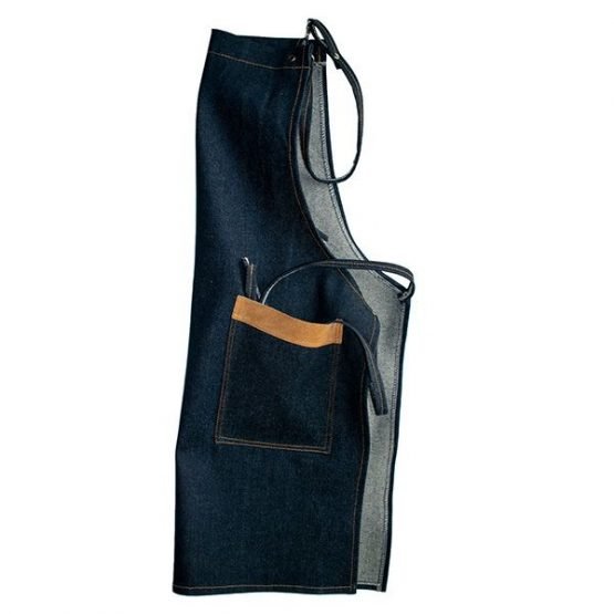 Pechera de mezclilla azul super I de 2 bolsillos con aplicaciones de cuero