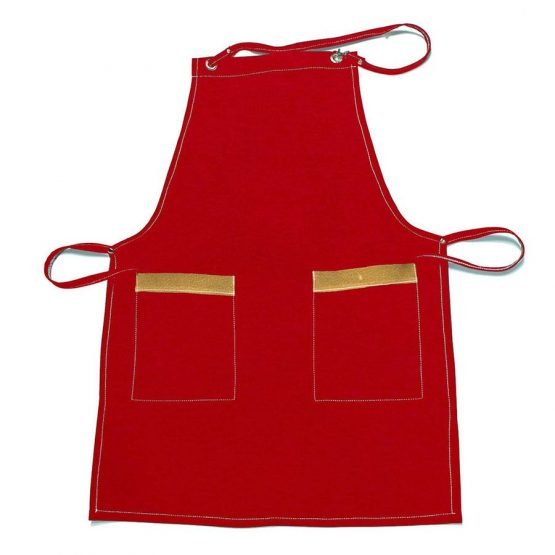 Pechera de gabardina roja con aplicaciones de cuero o reno en sus 2 bolsillos
