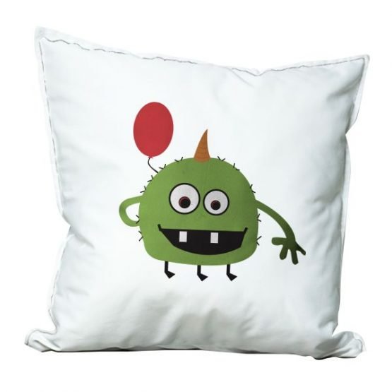 cojín gabardina con estampado monstruitos verdi con un globo