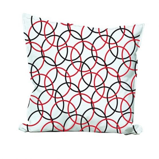 cojín decorativo ecocuero con diseño geometrico óvalos negros y rojos