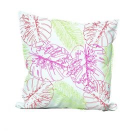 cojín de ecocuero con diseño balazo trazo y otras hojas de colores