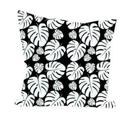 cojín decorativo ecocuero con diseño de monsteras blancas en fondo negro