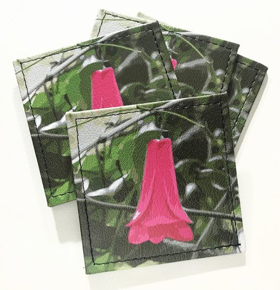 pack de 4 posavasos de ecocuero con imagen de un copihue colgando de sus ramas