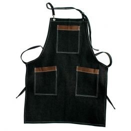 pechera de mezclilla negra con 3 bolsillos con aplicaciones de cuero