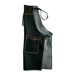 pechera de mezclilla negra con aplicaciones de cuero en bolsillos y pecho