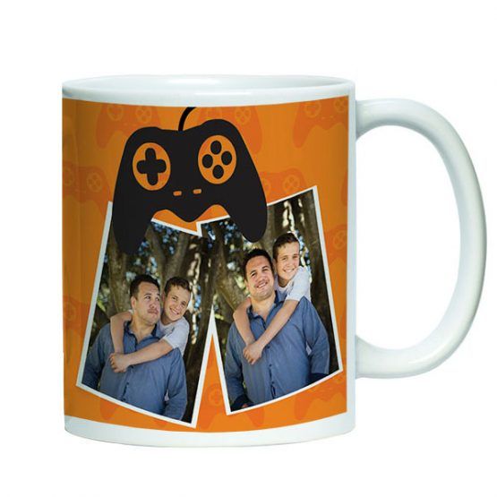 tazón blanco estampado de ceramica con diseño papá gamer. fondo naranjo con diseño especial y fotos.