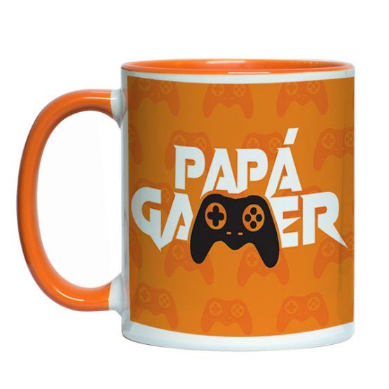 tazón estampado de ceramica con diseño papá gamer. fondo naranjo con diseño especial y fotos. aza e interior de color naranjo