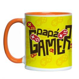 tazón estampado de ceramica con diseño gamer y foto en una de las caras. interior y aza de color naranjo