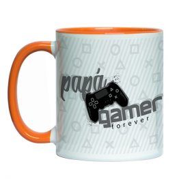 tazón de ceramica estampado para regalo papá gamer con diseño de control y personalizado de foto. interior y aza color naranjo