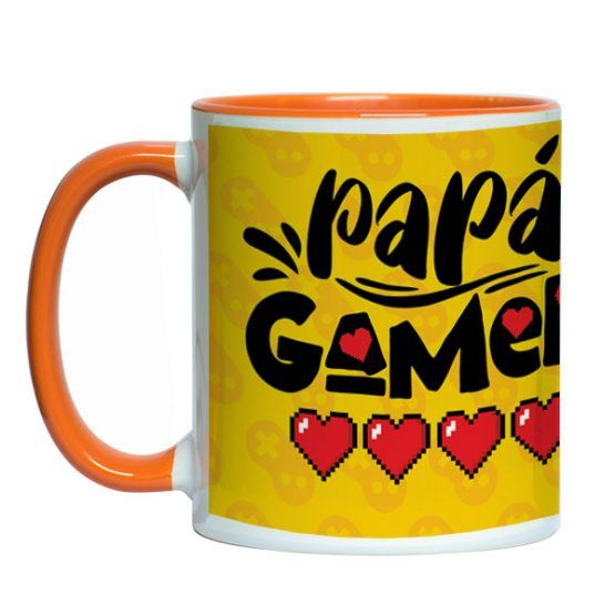 tazón estampado de ceramica con diseño papá gamer con corazones de vida y foto personalizada. interior y aza de color naranjo