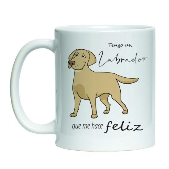 Tazon estampado de ceramica blanco con diseño mascota perro labrador, dibujo de perro labrador con frase "tengo un labrador que me hace feliz"