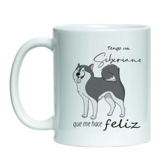 Tazon estampado de ceramica blanco con diseño mascota perro siveriano, dibujo de perro dalmata con frase "tengo un siberiano que me hace feliz"