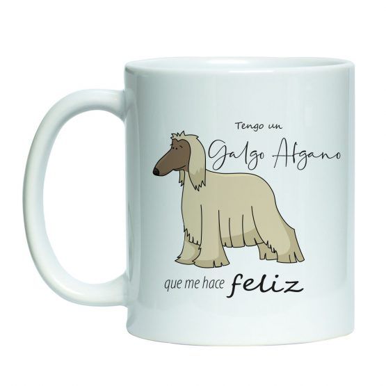 Tazón estampado blanco con diseño de mascota perro galgo afgano cafe claro y texto me hace feliz