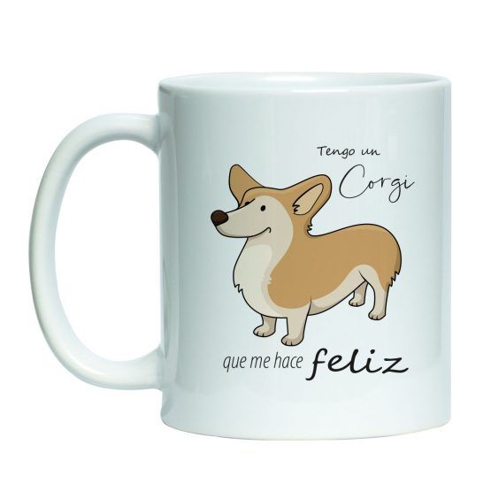 Tazón estampado blanco con diseño de mascota perro corgi cafe y texto me hace feliz