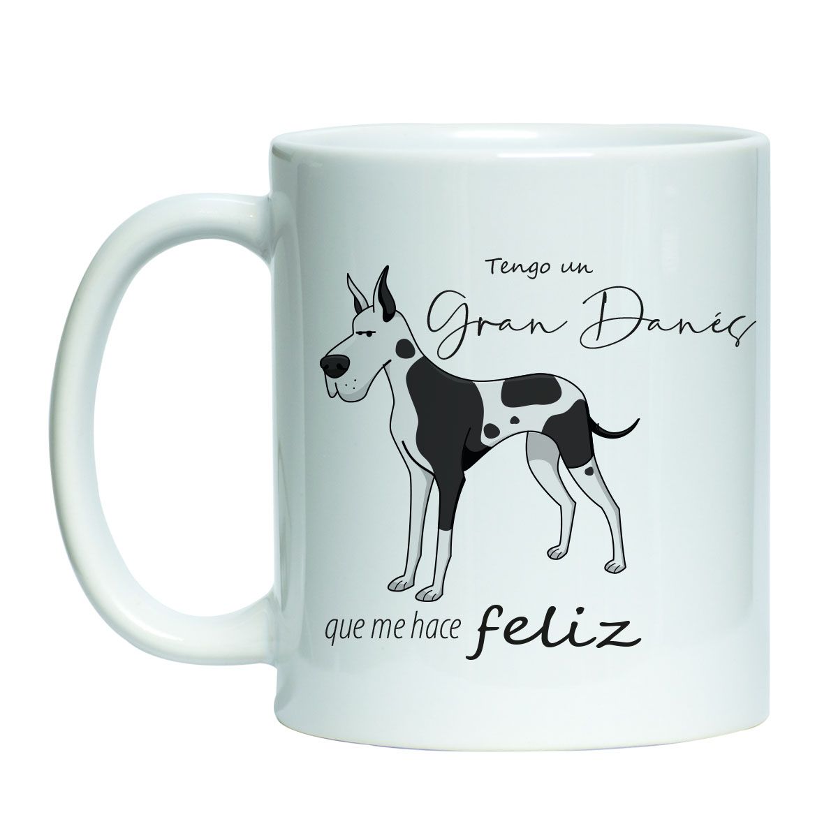 Tazón estampado blanco con diseño de mascota perro gran danes blanco con manchas negras y texto me hace feliz