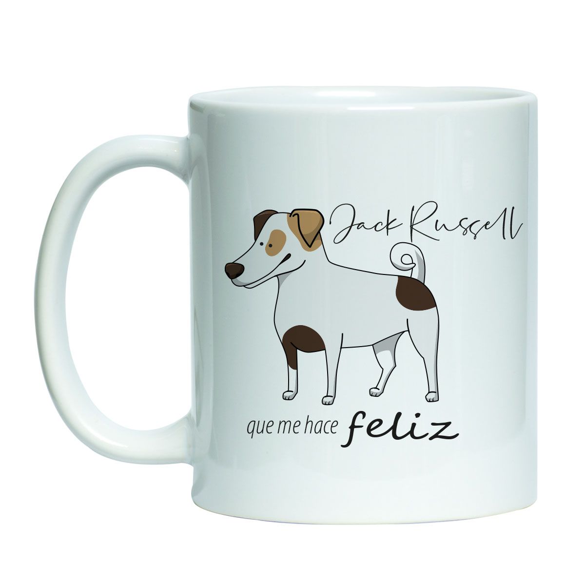 Tazón estampado blanco con diseño de mascota perro jack russell blanco con manchas cafes y texto me hace feliz
