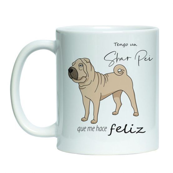 Tazón estampado blanco con diseño de mascota perro shar pei cafe y texto me hace feliz