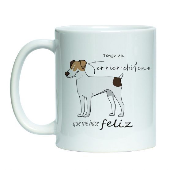 Tazón estampado blanco con diseño de mascota perro terrier chileno blanco con manchas cafes y texto me hace feliz